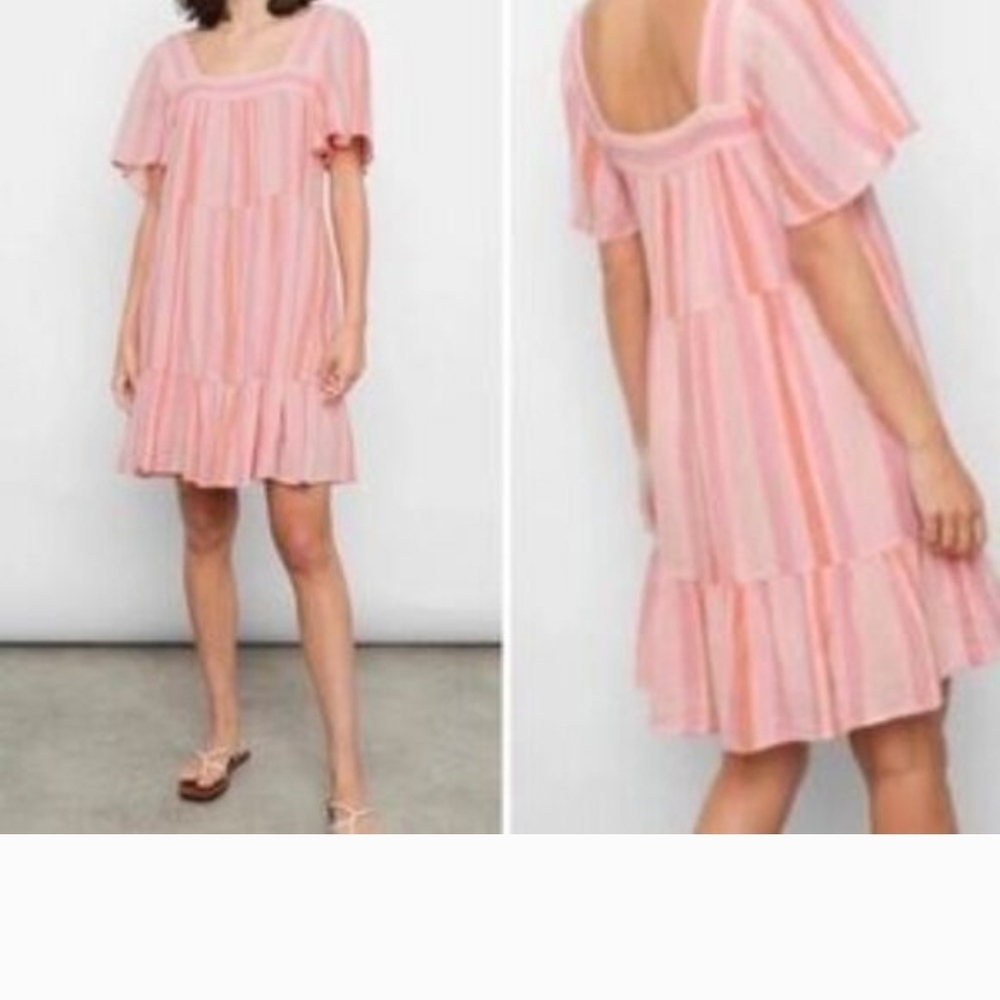Rails Dawn Stripe Mini Dress XS Pink Peach Boho Tiered Flutter Sleeve Chic - Picture 2 of 11